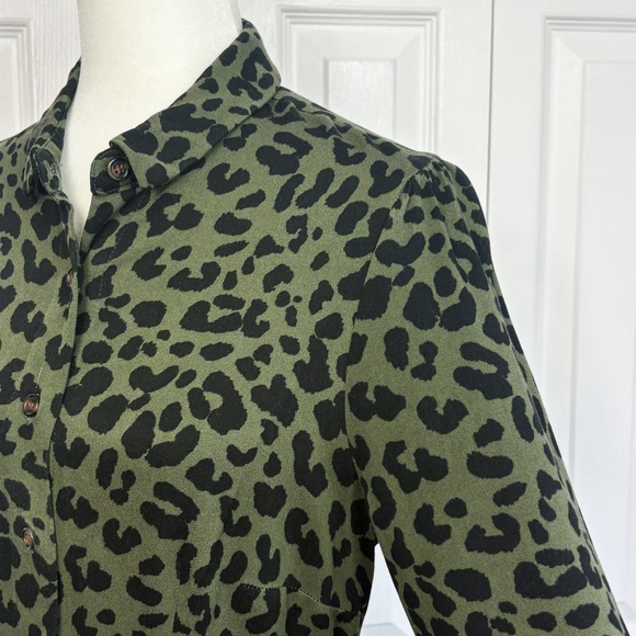 Chadwicks Green & Black Leopard Animal Print Button Down Shirt Dress 8P - Picture 6 of 16